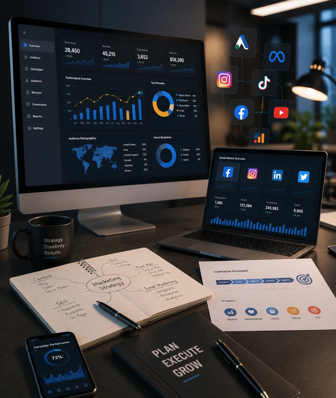 SEO, social media, paid advertising, and content strategies that increase visibility and generate qualified leads.